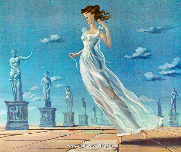 Elegant Woman in Flowing Dress Surrounded by Classical Sculptures Under Blue Skies