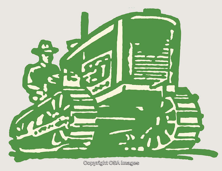 Vintage Style Green Line Art Illustration of Tractor with Farmer