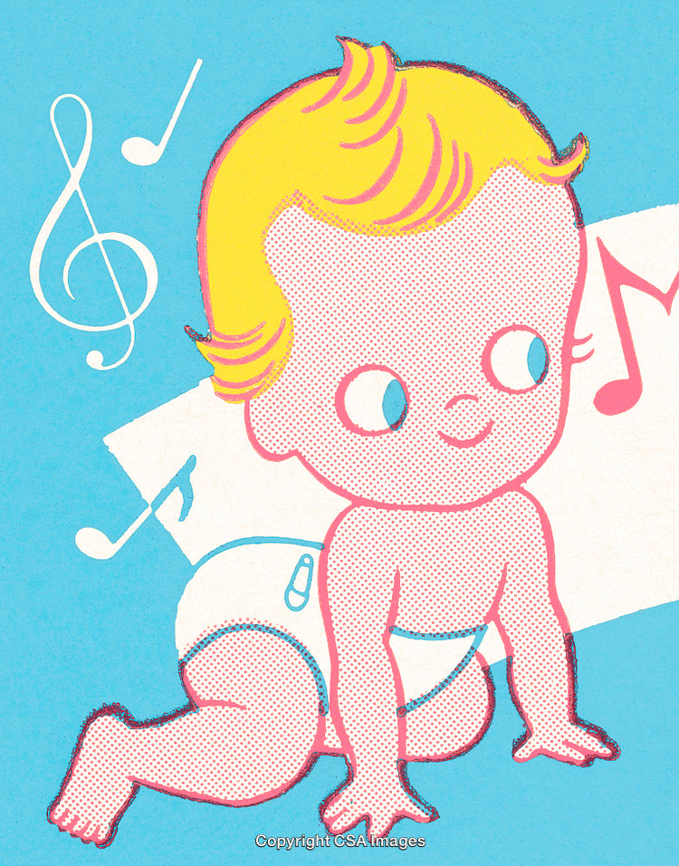 Retro Illustration of a Crawling Baby With Musical Notes in Pop Art Style