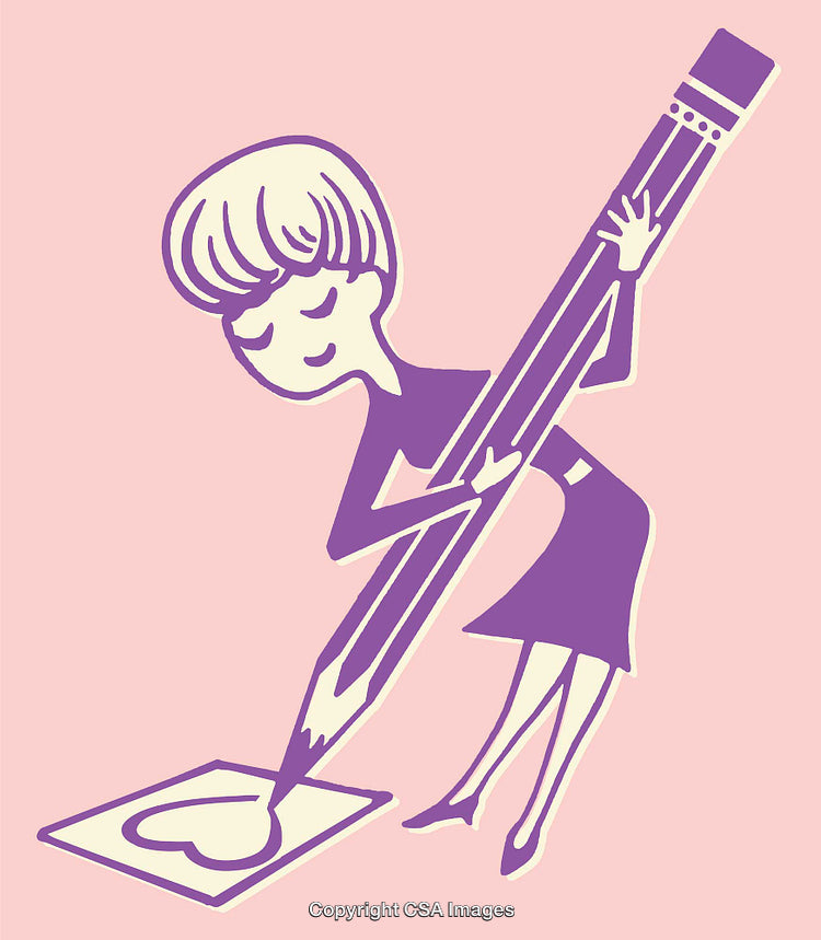 Stylized Illustration of a Woman Drawing with a Giant Pencil