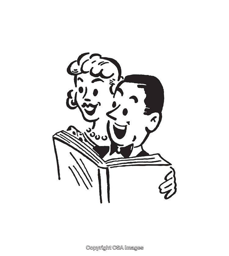 Retro Black and White Illustration of Happy Couple Reading a Book Together