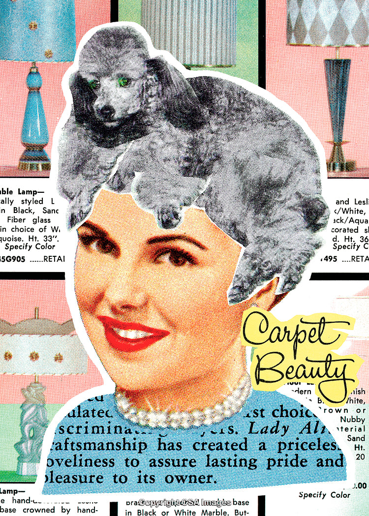 Retro Illustration of Woman with Poodle Hair and Vintage Lamp Designs
