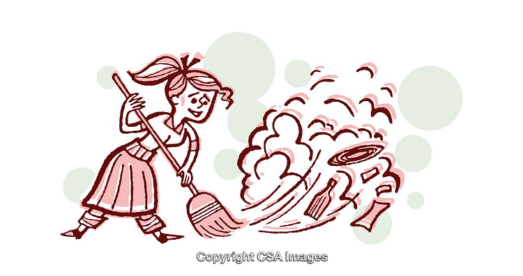 Illustration of a Woman Sweeping Trash with Energy and Enthusiasm