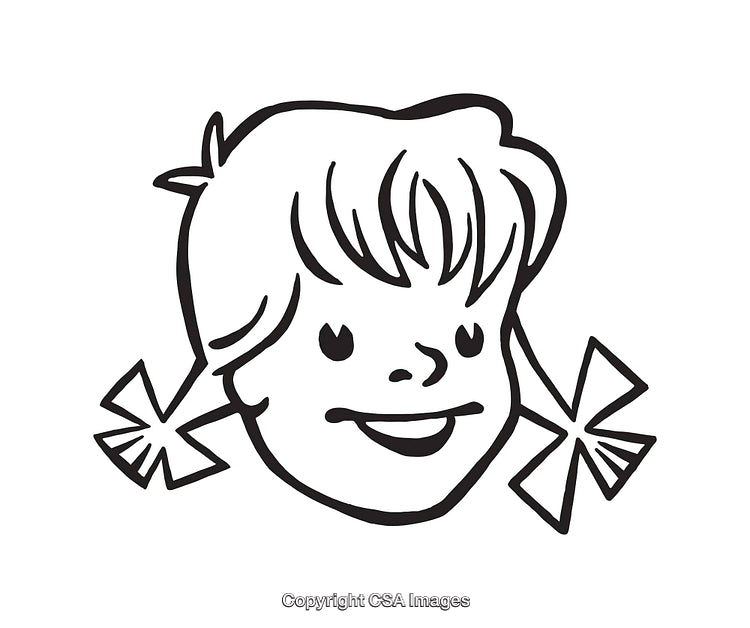 Black and White Line Art of a Smiling Cartoon Girl with Braided Hair