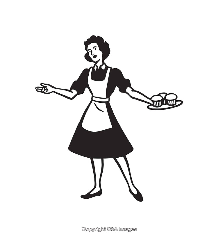Vintage Black And White Illustration of Woman Offering Cupcakes