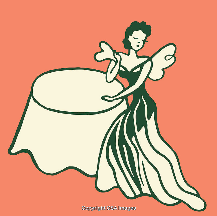 Retro Illustration of Woman in Gown Beside Table, Vintage Style