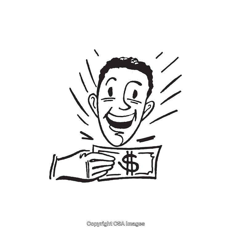 Black and White Line Art of a Happy Man With Money