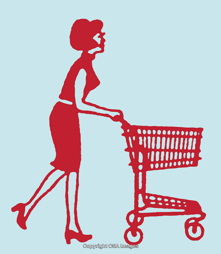 Red Silhouette of Woman Pushing Shopping Cart on Minimalist Blue Background