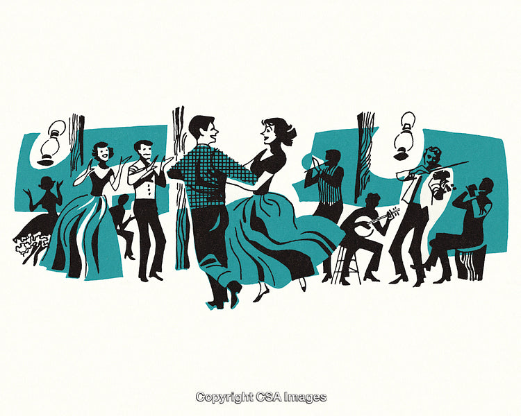 Vintage Dance Scene with Musicians and Dancers in Retro Illustration Style