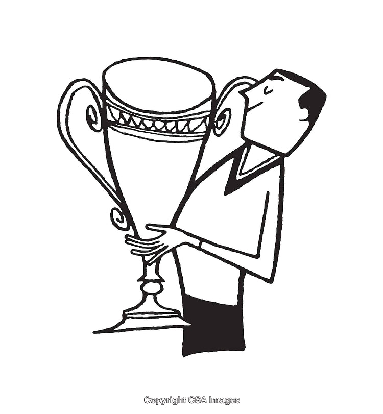 Cartoon Illustration of a Person Holding a Large Trophy with a Smile