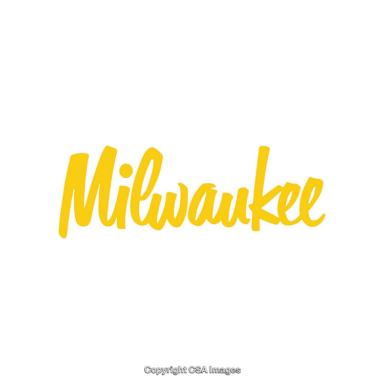 Yellow Scripted Word Representing Milwaukee on a Clean White Background