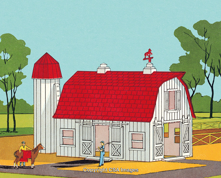 Illustrated Scene of a Barn with Silo and Farm Activities