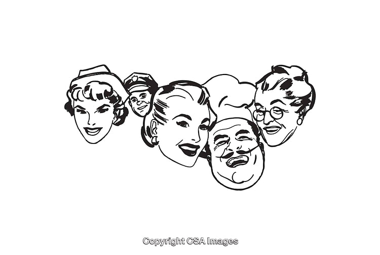 Retro Black and White Line Art Featuring Diverse Character Facial Expressions