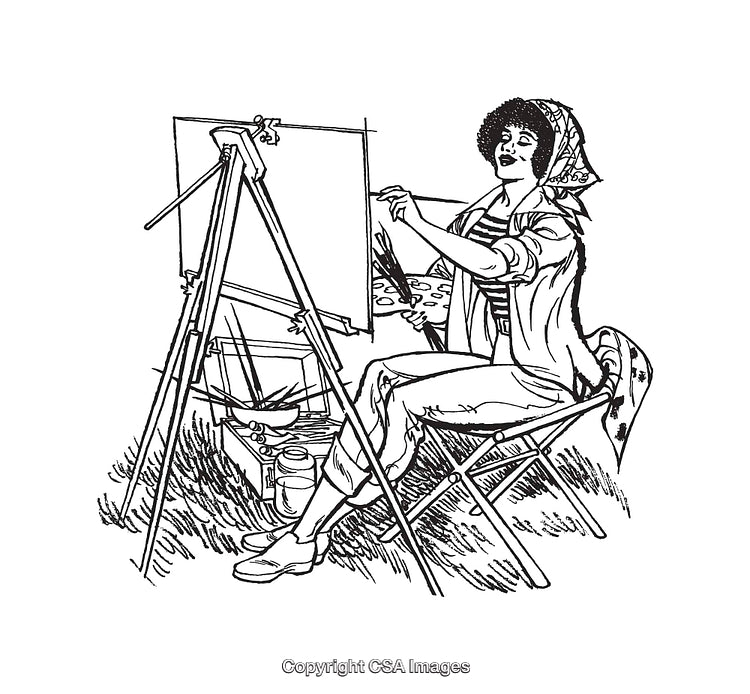 Black and White Line Art of Artist Painting Outdoors on Canvas