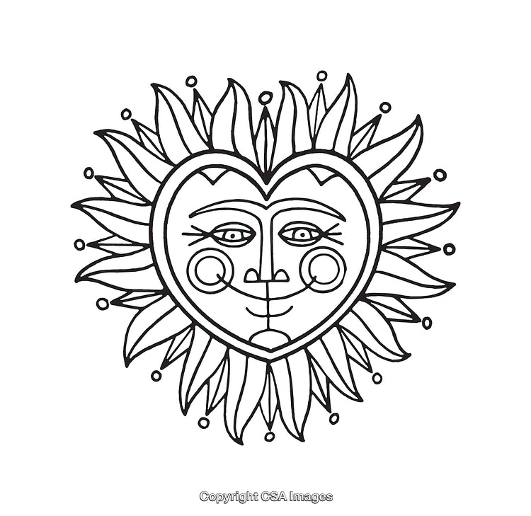 Heart-Shaped Sun With Face Line Art Illustration in Black and White