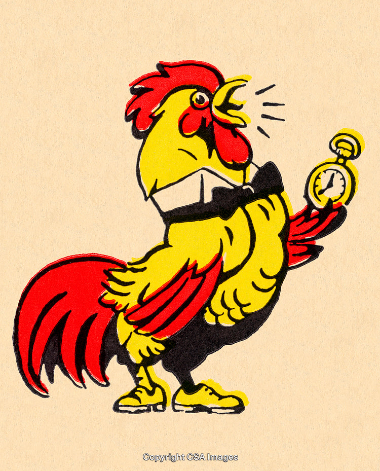 Colorful Cartoon Rooster Holding a Pocket Watch and Wearing a Bow Tie