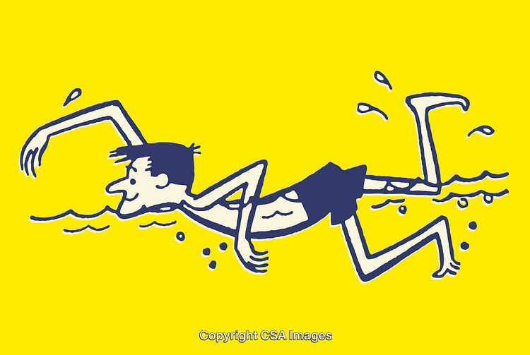 Cartoon Illustration of a Man Swimming with a Playful Style