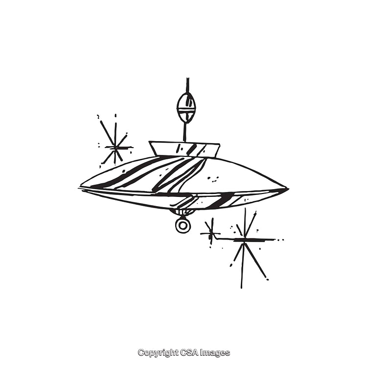 Black and White Illustration of a Retro Futuristic Flying Saucer and Stars