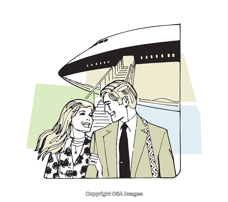 Stylish Couple Posed Near Airplane in Retro Illustration Style