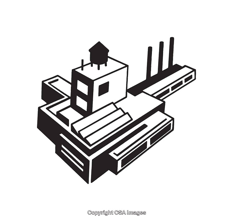 Black and White Line Art Illustration of an Industrial Factory Building