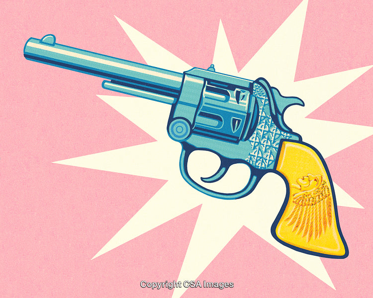 Pop Art Illustration of a Decorative Blue Handgun on Pink Background