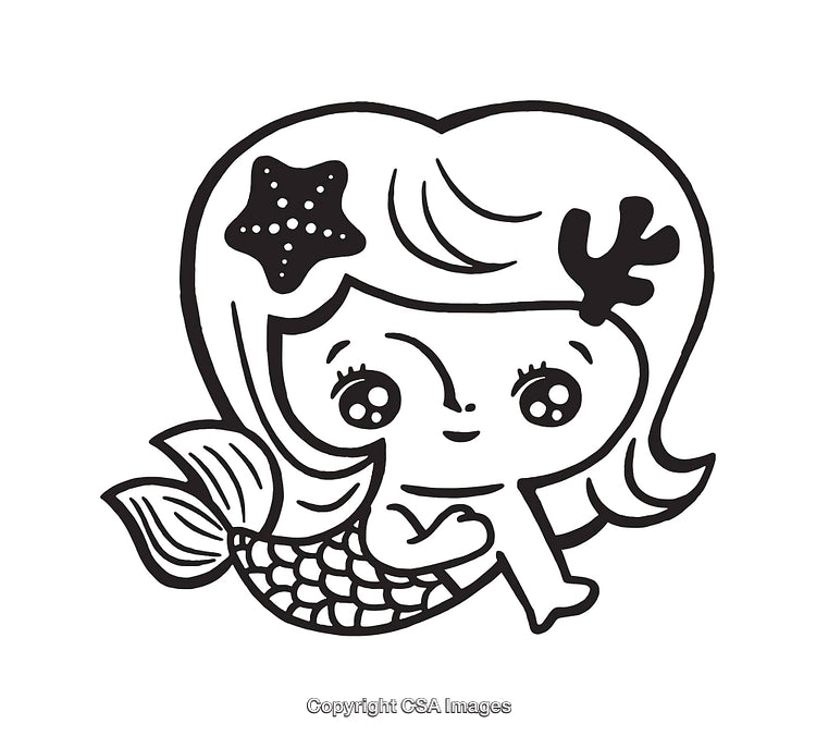 Cute Cartoon Mermaid Line Art Drawing in Black and White