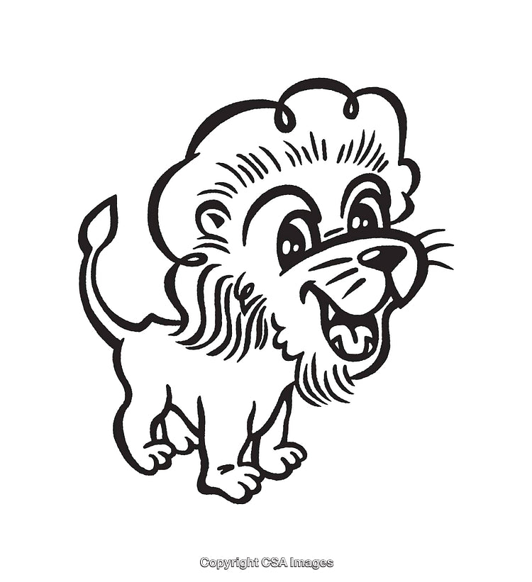Black And White Line Art Illustration of a Happy Cartoon Lion