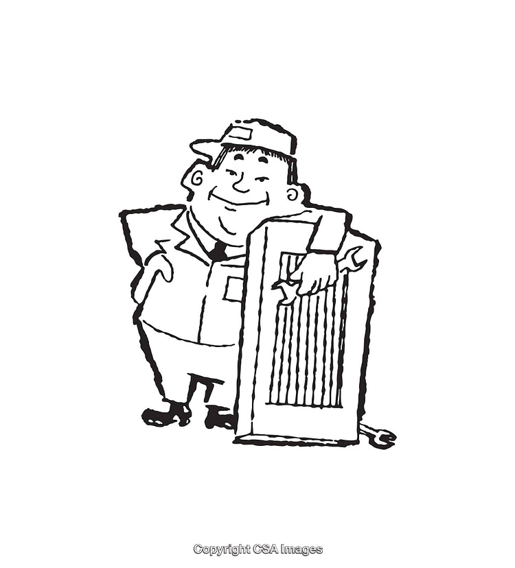 Hand-Drawn Cartoon of a Cheerful Mechanic Holding a Radiator and Wrench