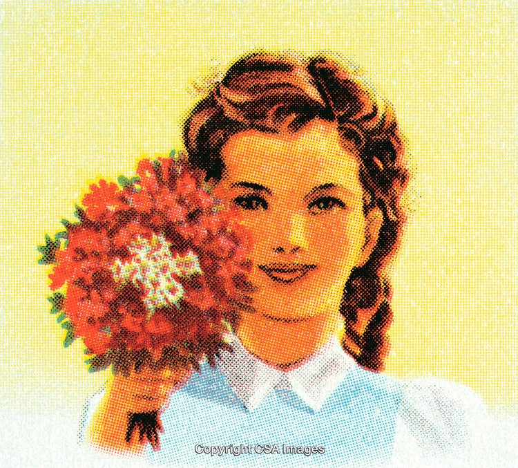 Smiling Woman Holding a Bouquet of Red Flowers Against Yellow Background