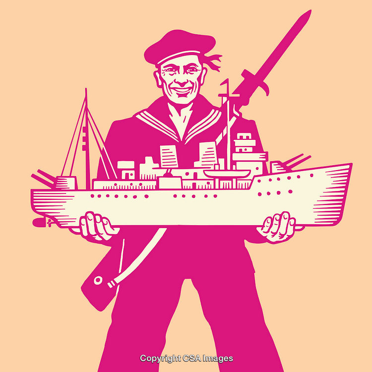 Colorful Line Art Illustration of Sailor Holding Large Ship Model