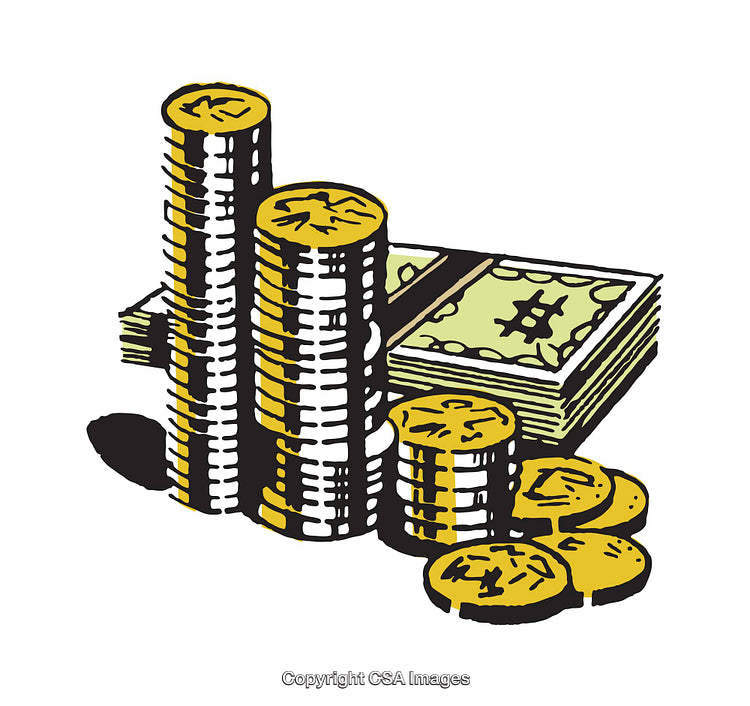 Color Illustration of Stacked Coins with Dollar Bills in Background