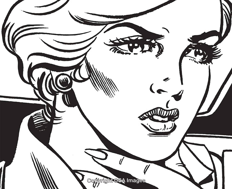 Retro Comic-Style Artwork of a Thoughtful Woman In Monochrome