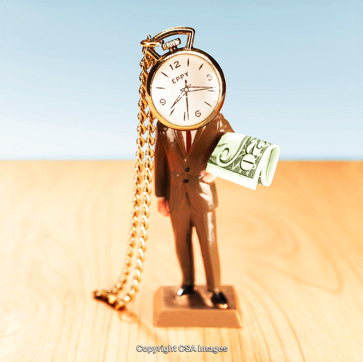 Conceptual Doll with Clock Head and Holding Money Symbolizing Time and Wealth