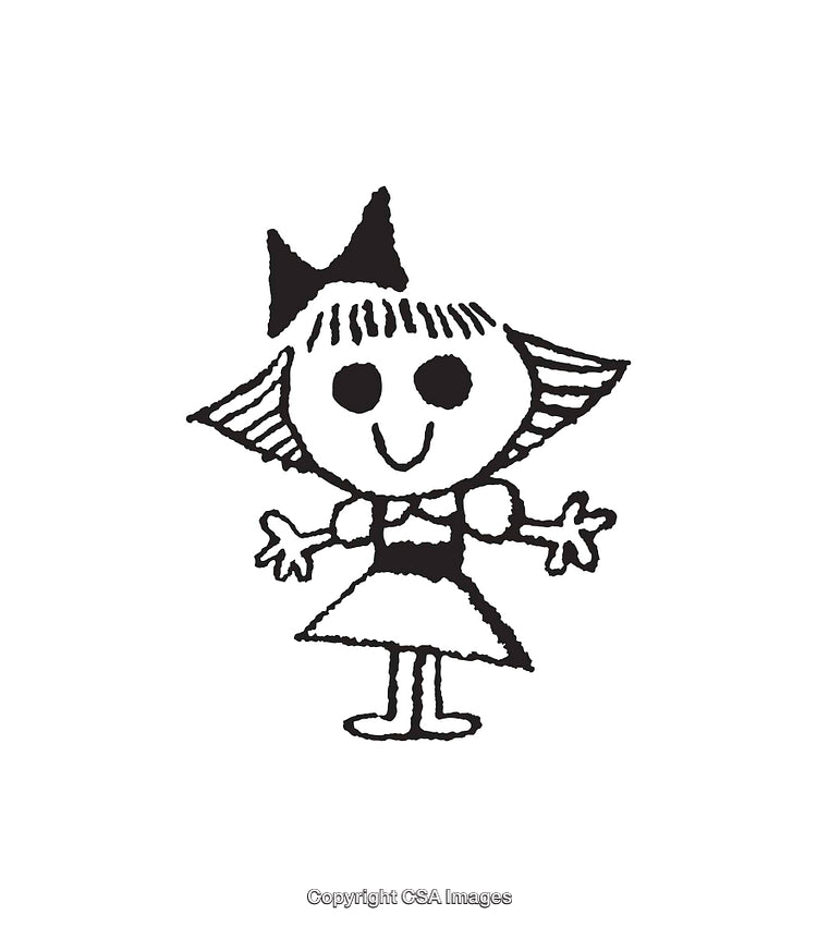 Charming Line Art Illustration of a Cartoon Girl with Bow and Dress