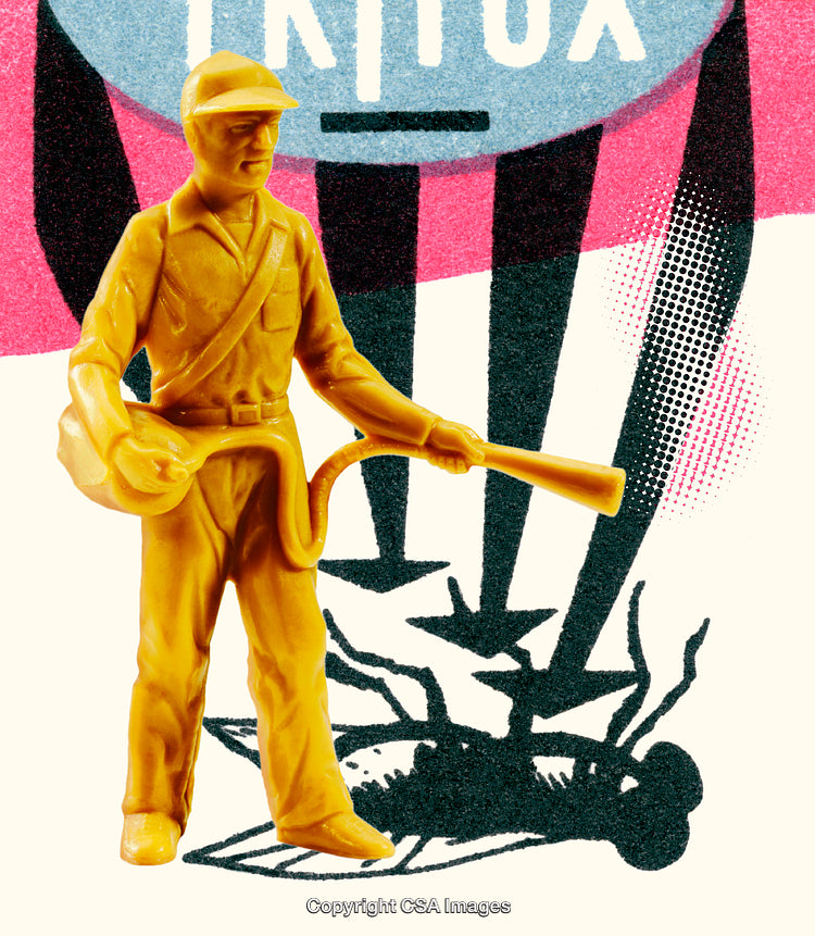 Plastic Soldier Figurine Standing Against Stylized Graphic Background in Bold Colors