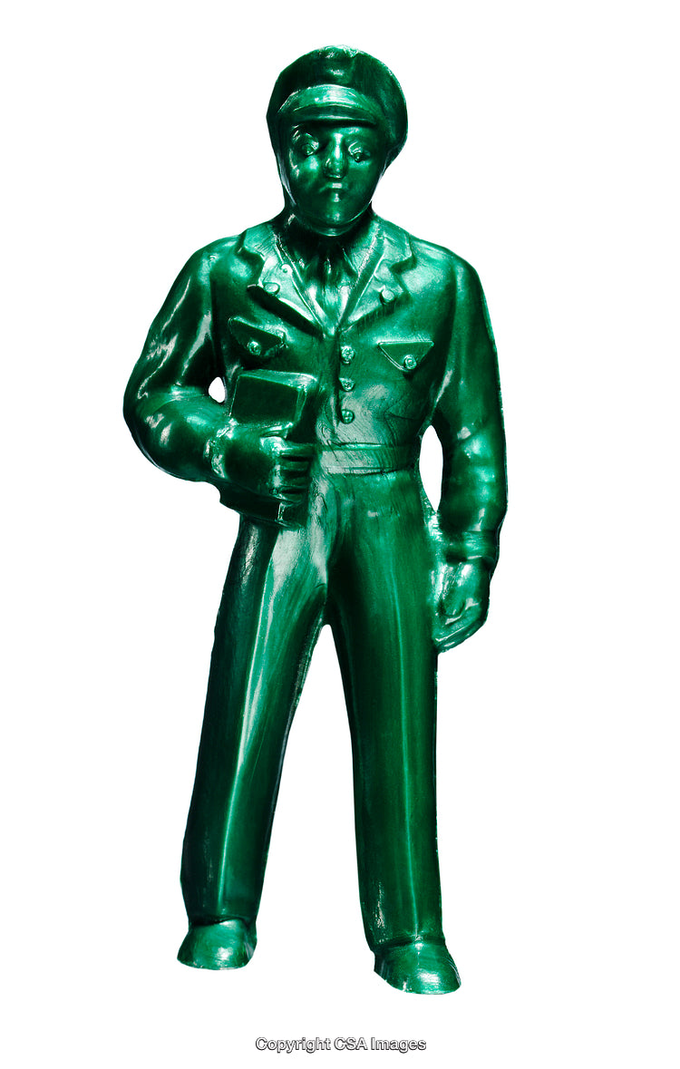 Green Toy Soldier Wearing Military Uniform Standing Upright Against White Background