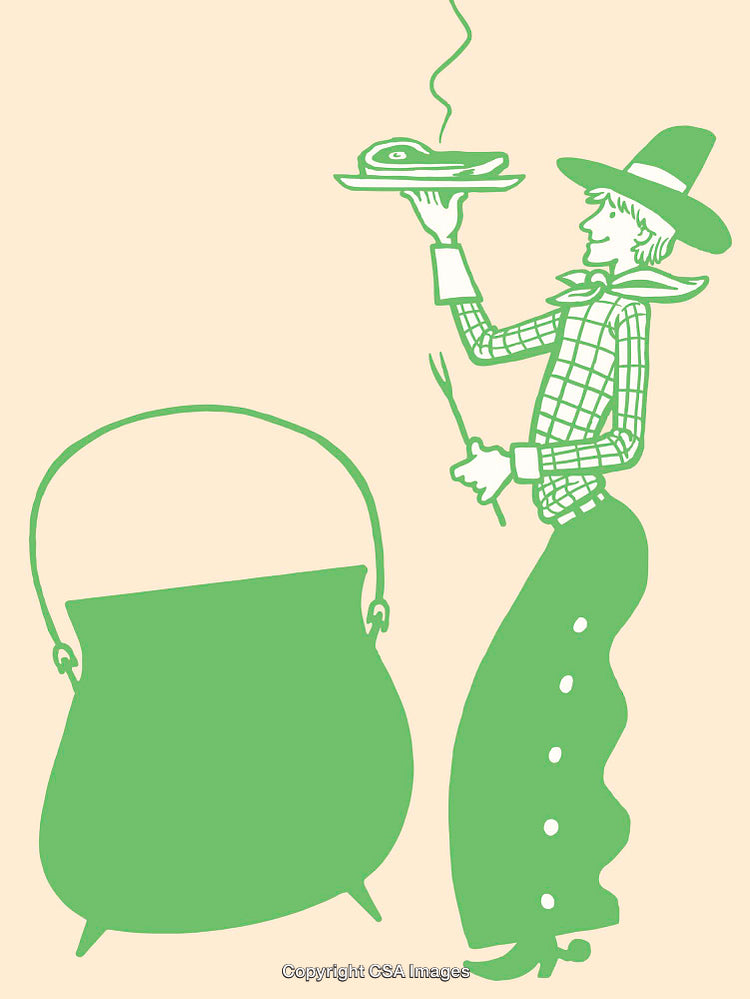 Whimsical Illustration of a Cowboy Cooking with a Steaming Dish