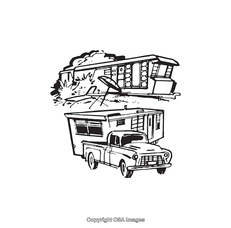 Line Art Illustration of Camper Van and Modern Trailer Home