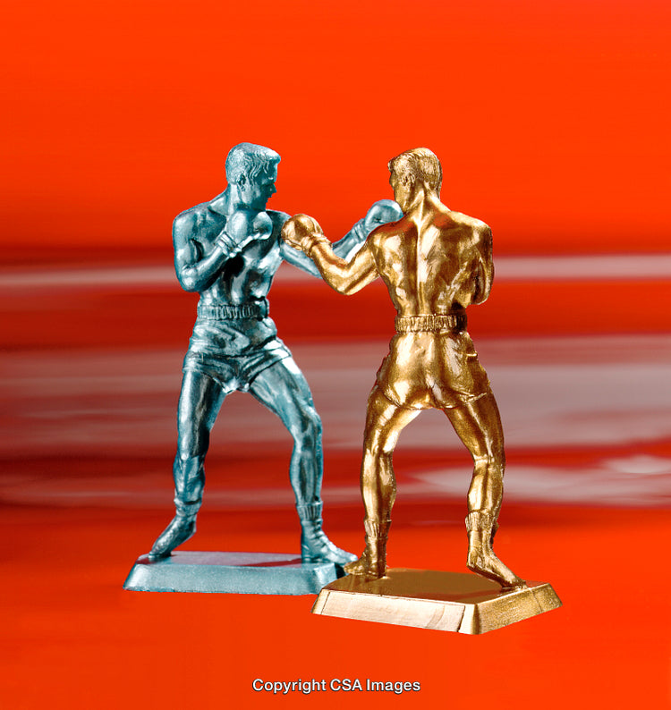 Golden and Blue Boxer Figures Facing Off on Red Background