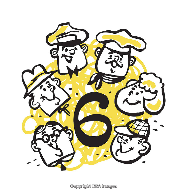 Whimsical Illustration of Six Cartoon Faces Surrounding the Number 6