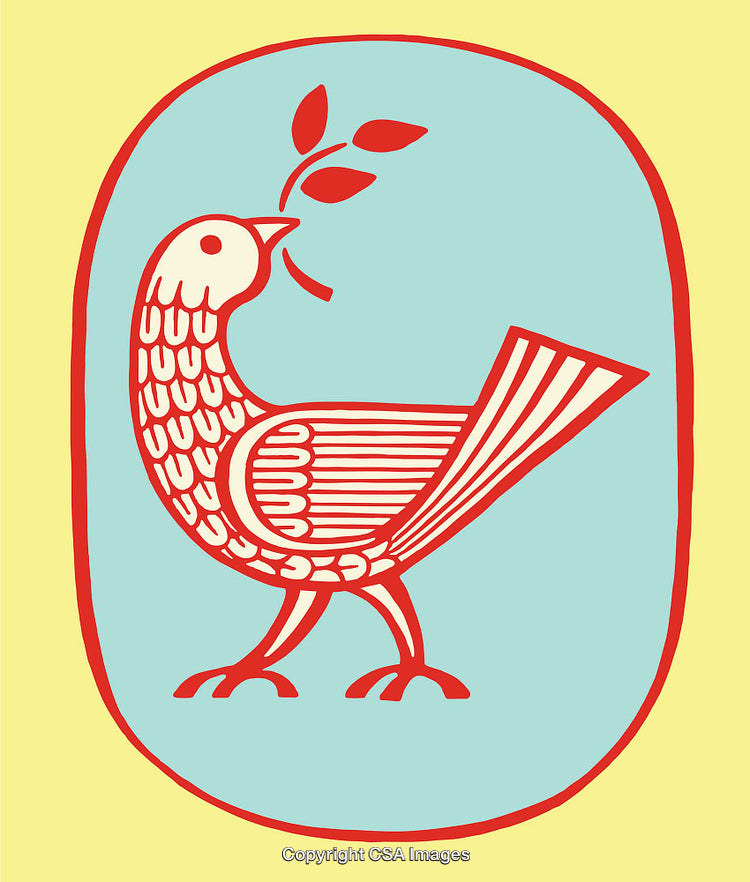Decorative Line Art Illustration of a Bird Holding an Olive Branch