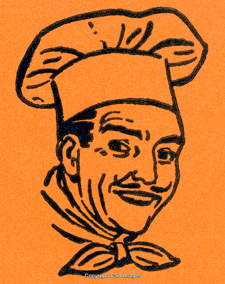 Vintage Chef Illustration on Orange Background with Hand-Drawn Style Details