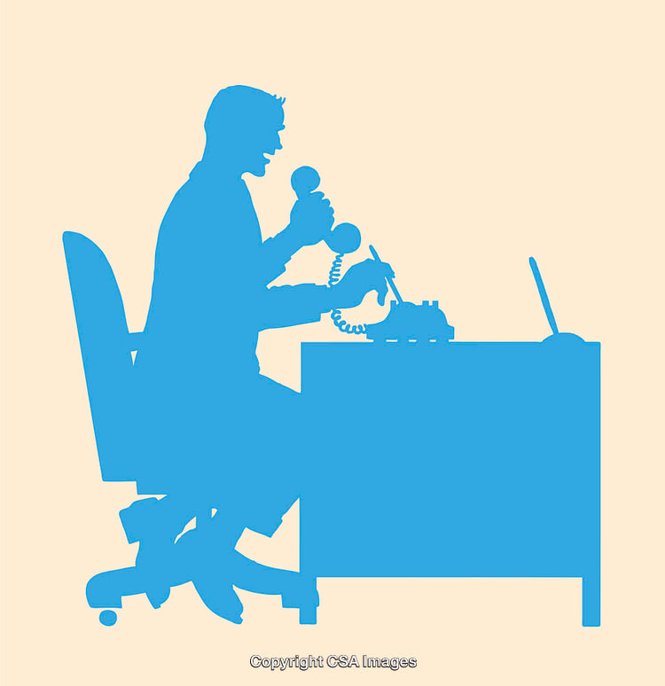 Depiction of Office Worker Talking on Multiple Phones at a Desk