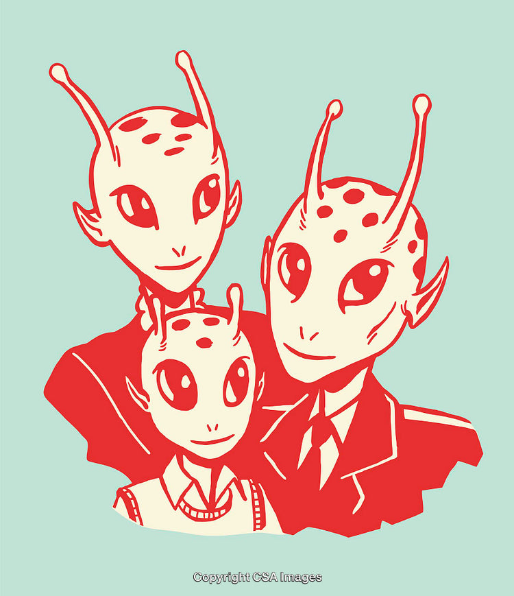 Illustration of a Friendly Alien Family in Simple Artistic Style