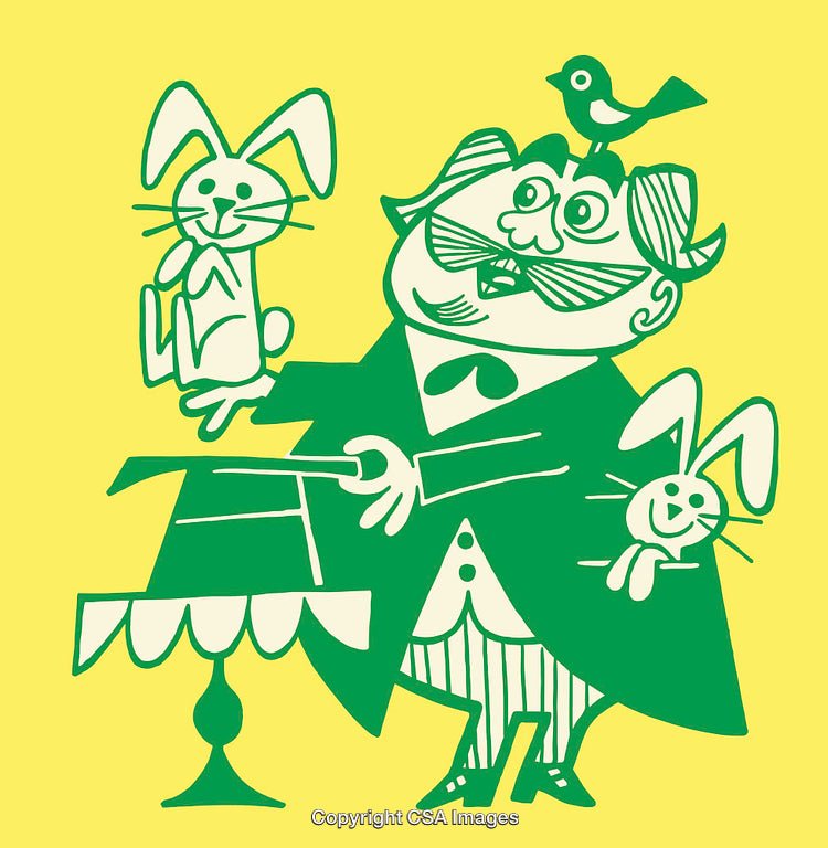 Colorful Whimsical Magician Performing with Bunnies and Birds in Line Art Style
