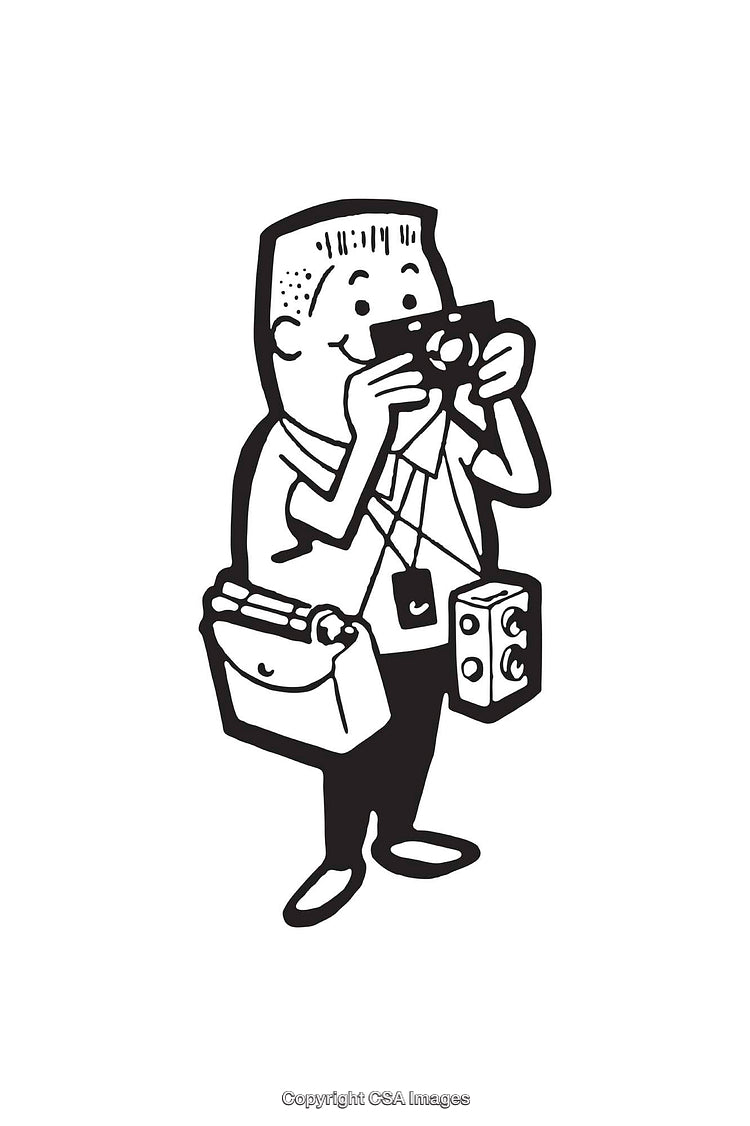 Cartoon Illustration of a Photographer Taking Pictures With Extra Camera Gear