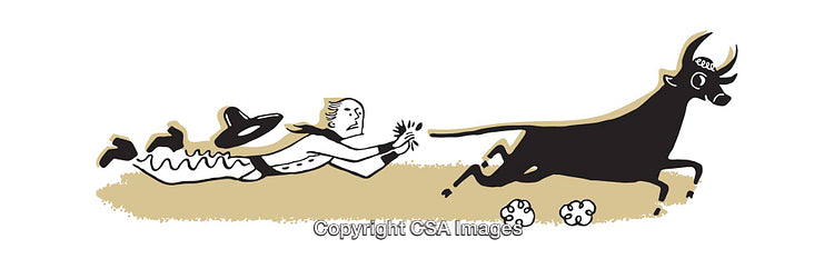 Comedic Illustration of a Cowboy Chased by a Charging Bull in Desert Colors