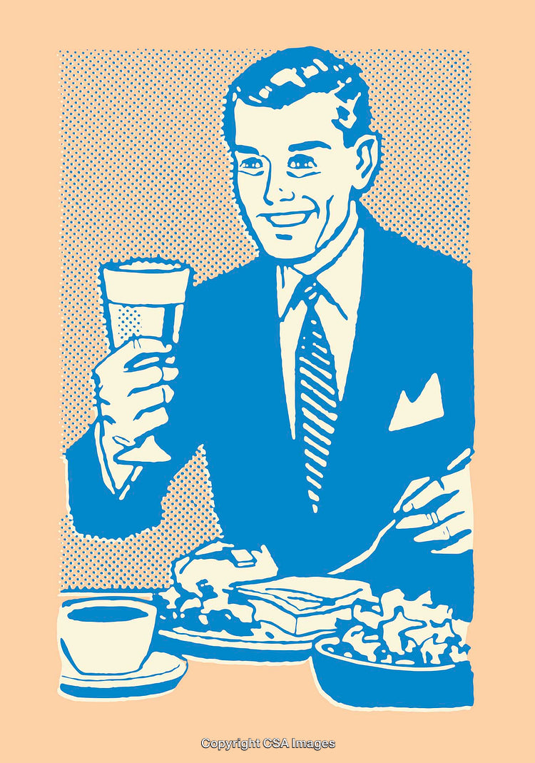 Vintage Illustration of a Smiling Man Enjoying Breakfast with Coffee and Juice