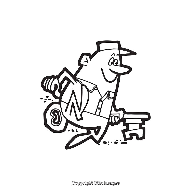 Cartoon Locksmith Carrying a Key in Black and White Line Art