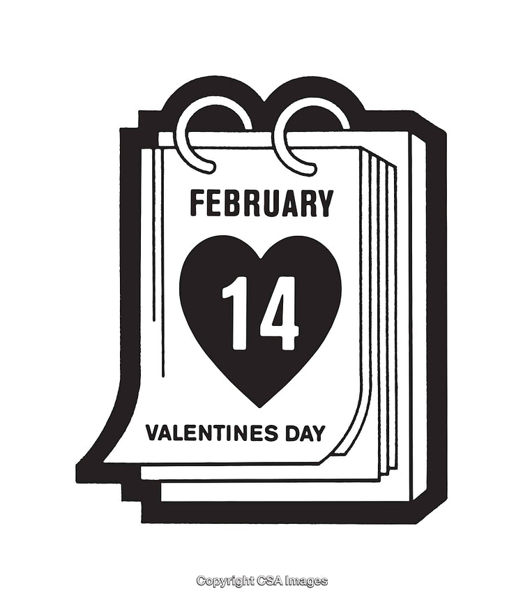 Black and White Calendar Art Depicting February 14 Valentine’s Day
